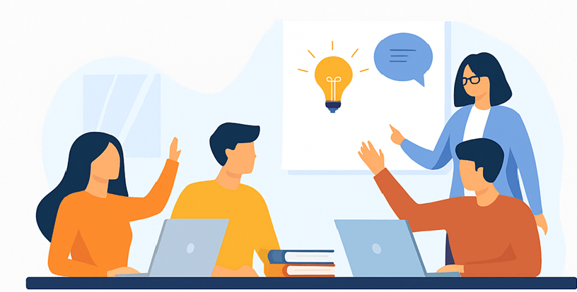 Representa un aula universitaria moderna donde los estudiantes participan activamente en ejercicios prácticos, discusiones grupales y resolución de problemas, transmitiendo la energía y motivación que destacan las conclusiones del proyecto.